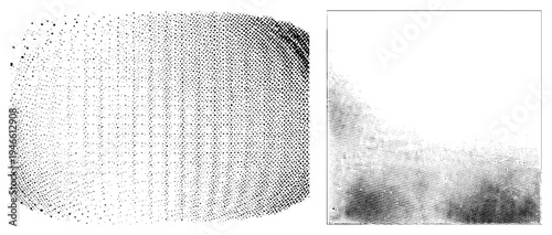 Vector graphic displaying halftone dot gradients, stippling texture, print simulation, graphic design element,.