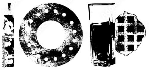 Classic bike bell with “Happy” text, textured brake disc, soda glass with liquid, grid waffle vector for retro or industrial design.