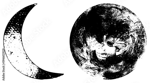Vintage engraved moon symbol with ghostly, eerie celestial motif, haunted moon graphic, spooky lunar illustration, horror vector art.