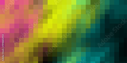 Abstract Pixelated Mosaic Background with Smooth Color Gradient Transition from Pink and Yellow to Green and Teal for Digital Art and Modern Design