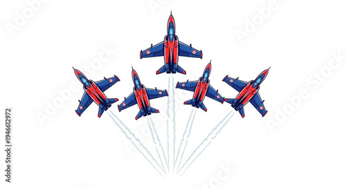 Blue and red jet planes flying.
