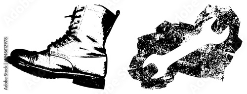 Black and white vector illustration of combat boot and wrench, gritty halftone style, isolated mechanical tools, rugged gear.