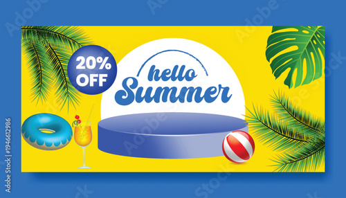 Tropical Summer Banner Template with 3D Podium, palm leaves, ball, float ring Illustration, Social Media Cover, Website Header, Seasonal Sale Promo, Advertising Design, Online Marketing Banner