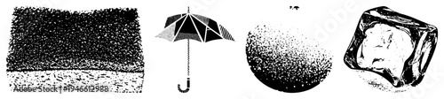 Vector halftone illustrations umbrella with geometric panels, textured sphere, melting ice cube, and grainy field all rendered in dot for graphic design.