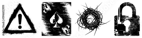 Warning sign, Ace of Spades card, crown, padlock bold graphic elements with distressed texture,, symbolic.