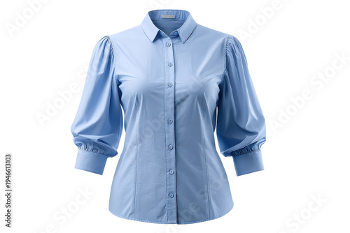 Light blue collared shirt with puffed sleeves and button front clothing fashion, Png, Isolated on Transparent Background, Cut Out
