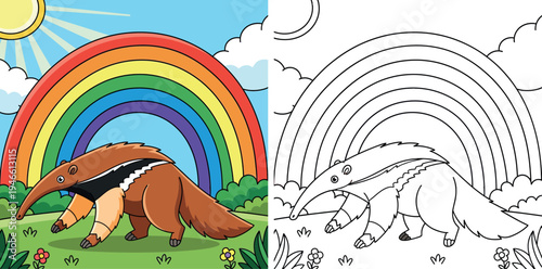 Cute anteater cartoon walking under a rainbow vector illustration. Happy wild animal character in nature with sun and clouds. Funny mammal design for kids, nursery print, and education.