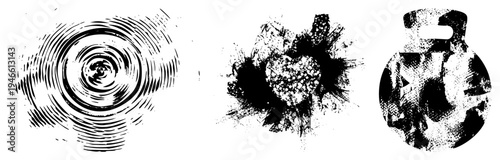 Graphic textures featuring concentric rings, splattered heart, and halftone, ideal for design, vintage posters, or digital art backgrounds.