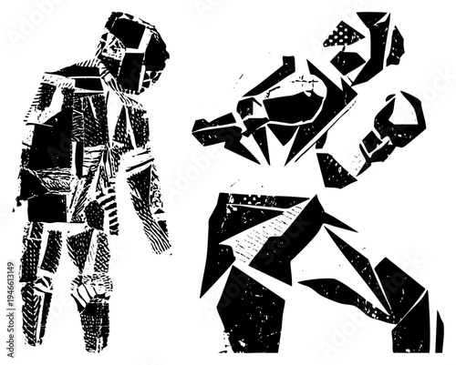 Stylized human forms broken into angular shapes, graphic silhouettes, fragmented design, bold contrast, vector illustration, digital art, modern abstract figures.
