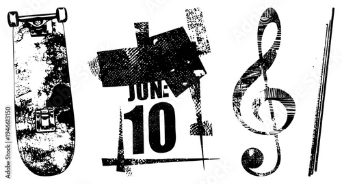 Distressed black and white vector skateboard deck, “June 10” date stamp, treble clef, and drumsticks. Urban street culture, music, and events motifs. Rough textured style.