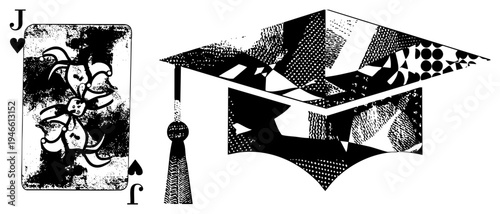 Jester playing card with heart suit and graduation cap adorned with geometric halftone textures, vintage graphic design, academic celebration, card game.