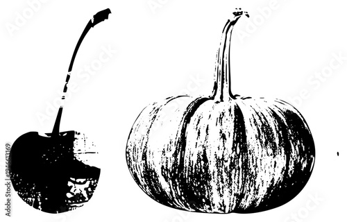 Classic fruit and autumn gourd rendered in gritty halftone, stylized vector art, graphic design elements, seasonal, black and white illustration.