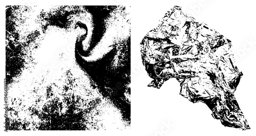 Crumpled foil surface with reflective folds, halftone ear silhouette, black and white vector art, isolated anatomical detail, graphic design element.
