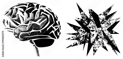 Graphic of human brain with halftone texture alongside starburst explosion, representing sudden idea, mental spark, or enlightenment, vector art.