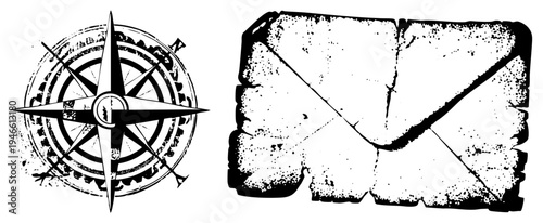 Nautical compass rose and aged letter envelope, directional navigation tool and postal communication symbol, classic travel and correspondence motifs.