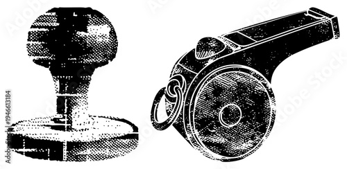 Retro stamp and whistle depicted in halftone vector art, classic graphic design, illustration, historical communication tools, engraved texture.