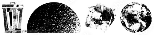 Four vector with halftone textures trash bin, dome, cube, globe. Black and white, graphic design elements, digital illustration, stylized forms.