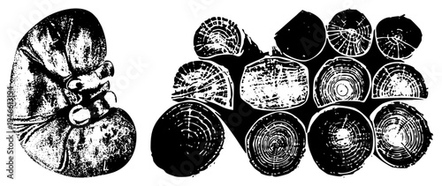 Black and white halftone print showing hands gripping sack, stacked timber logs, rustic texture, graphic art, wood grain, isolated foreground elements.