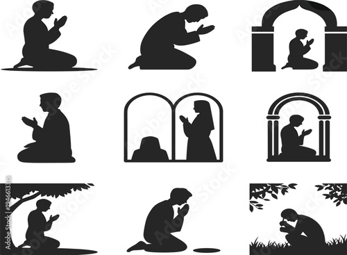 Collection of black silhouettes of people praying in various settings and poses prayer