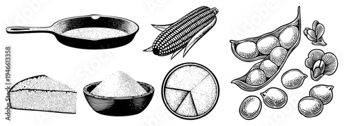 Classic black and white halftone drawing of skillet, corn, soybeans, cake slice, sugar bowl, and pie chart. Retro food illustration with stippling texture and isolated elements.