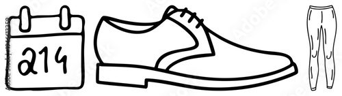 Professional outfit components including calendar marked "214", dress shoe, and slim fit pants, minimalist vector style, office wear essentials.