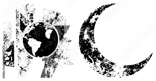 Distressed globe and moon with halftone grain, vintage graphic design, abstract global symbolism, vector art, textured celestial motifs.