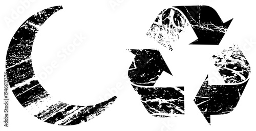 Weathered black featuring moon and recycling arrows, distressed vector graphics, eco conscious design, symbolic, aesthetic.