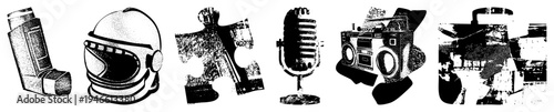 Retro microphone, boombox, asthma inhaler, astronaut helmet, puzzle piece, halftone vector, isolated digital assets.