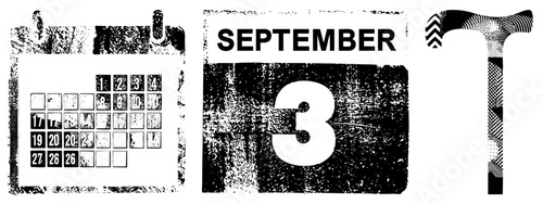 Distressed calendar page showing September 3rd, paired with stylized letter T featuring halftone and, retro graphic design.