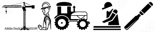 Vector of construction crane, farmer tractor, worker with hard hat, carpenter sawing wood, and tool handle, flat design for UI or manuals.