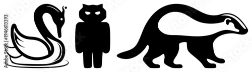 Three stylized animal graceful swan, masked owl, sleek ferret all rendered as bold black with clean negative space, perfect for logo or UI elements.