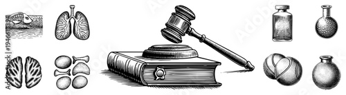 Legal gavel atop law book, surrounded by lungs, brain, bones, test tubes, and tennis balls in vintage engraving style. Legal, medical, and scientific symbolism in classic illustration.
