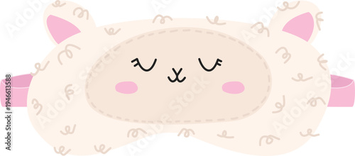 Cute vector illustration of a sheep-shaped eye mask for sleeping. Pajama party concept. Fluffy llama and alpaca sleep mask with ears, closed eyes and pink strap, isolated on white background.