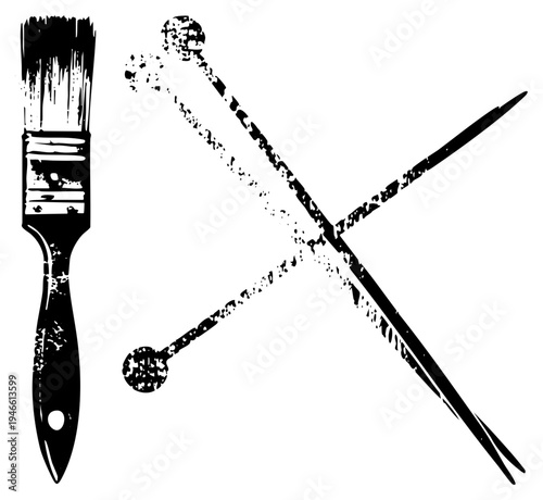 Creative tools for painting and knitting, brush with bristles and, craft symbols, artistic, black and white vector.