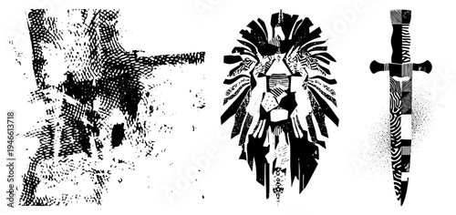 Stylized halftone lion head with mane, dagger with textured hilt, abstract tree form, all in vector art, isolated graphic elements for design use.