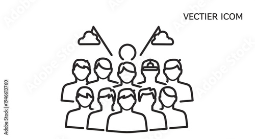 Group of people standing together with flags and leader symbol.