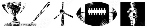 Vector sports & space symbols, trophy, hockey stick, wind turbine, football, astronaut. Flat design with halftone noise.
