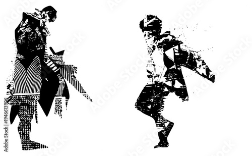 Silhouetted fighters in traditional attire, one wielding sword, other in defensive stance, vector art, black and white, graphic design.