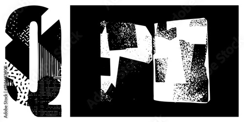 Bold stylized letters featuring fragmented shapes, halftone dot, and high contrast black white design, modern typographic art.