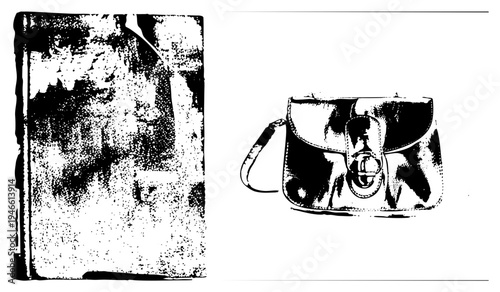 Retro style satchel purse with flap closure, shoulder strap, metallic hardware, halftone texture, fashion accessory, minimalist design.