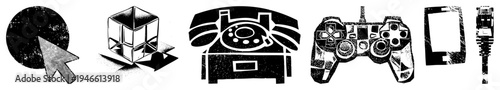 Retro computer mouse, ’s cube, rotary phone, game controller, smartphone, ethernet classic tech symbols in stylized black and white halftone.