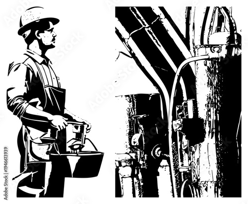 Laborer in hard hat and overalls industrial equipment, construction site worker, manual laborer, heavy machinery, civil engineering worker.