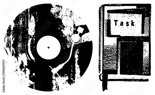 Stylized turntable playing music with stylus, alongside labeled task folder, illustration, retro tech, workflow symbol.