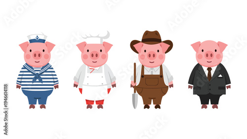 Cute Cartoon Pigs in Diverse Professions: Sailor, Chef, Farmer, Businessman Characters Set