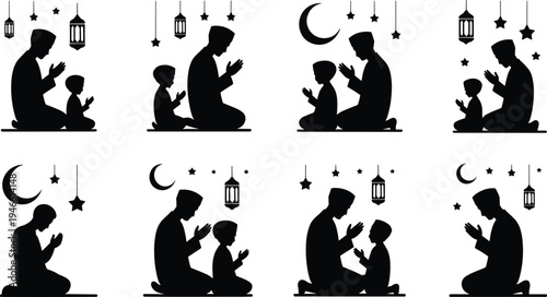 Father and son silhouettes praying together with Islamic lanterns and crescent moon