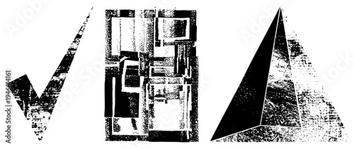 Stylized vector forms including checkmark, maze like rectangle blocks, and with halftone grain. Modern graphic design elements for branding or digital art.