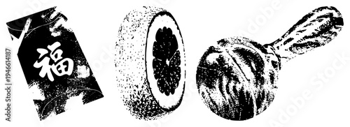 Festive Japanese New Year lucky charm scroll, citrus fruit slice, and wooden ladle, rendered in gritty halftone texture, cultural symbols, festive motifs, traditional elements.