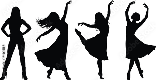 Dancing women silhouette set, elegant female dancers posing in flowing dresses graceful movement black vector isolated illustration collection