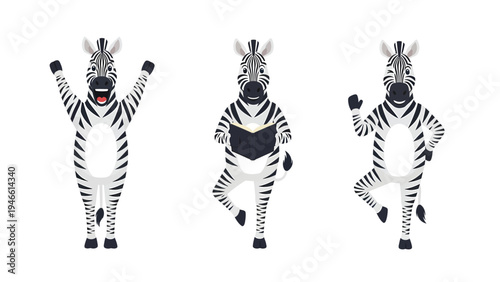 Cute cartoon zebras set: excited, reading a book, and balancing. Playful animal characters in various poses. Vector illustration.