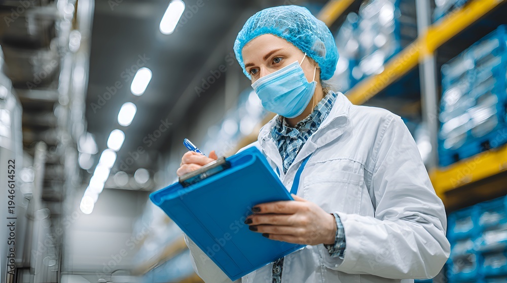 Fototapeta premium A female worker in a white coat, mask, and hairnet takes inventory on a clipboard in a warehouse with stacked boxes and shelving units.